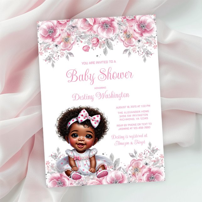 Invitación Chica Afro Plata Rosa Baby Shower (Simply add your event details!)