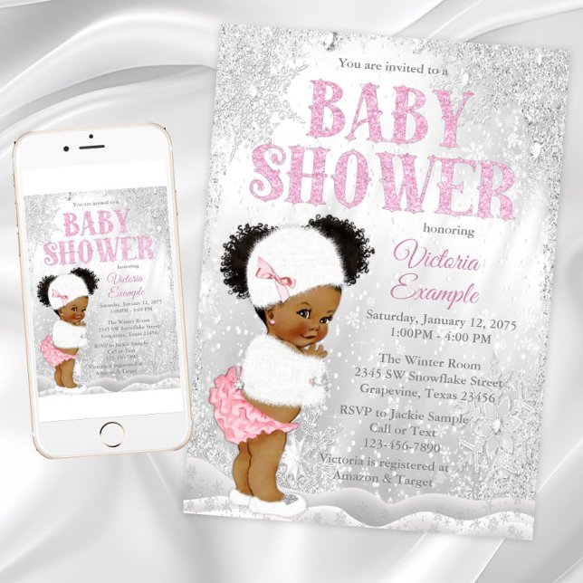 Invitación Chica Afro Puff Winter Wonderland Baby Shower (Pink afro puff baby girl with cute snow outfit on a pretty silver snow background.)