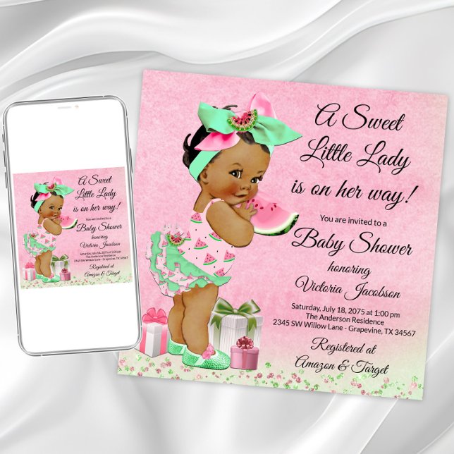 Invitación Chica Afroamericana Cumpleaños de bebé con sandía (Cute watermelon baby shower invitation. Instant download and printed invitations available.)