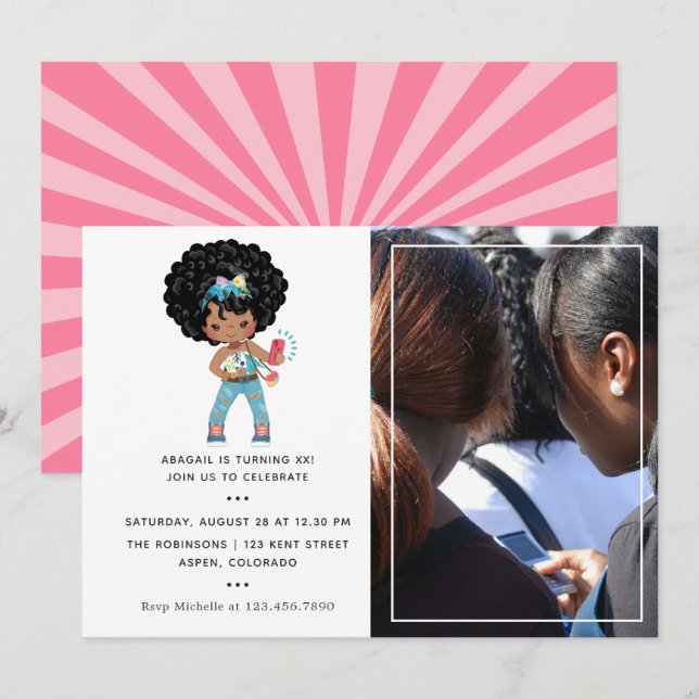 Invitación Chica afroamericana Photo Booth Selfie Cumpleaños (Anverso / Reverso)