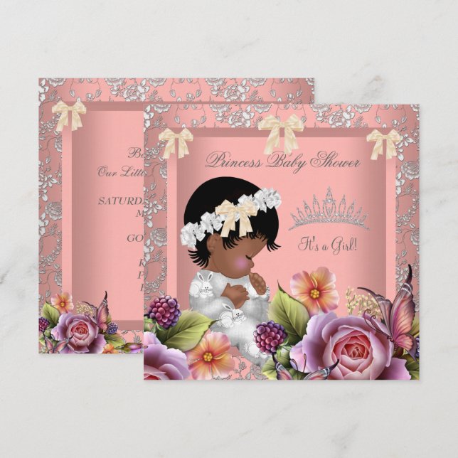 Invitación Chica afroamericano de Baby Shower Coral Pink Rose (Anverso / Reverso)