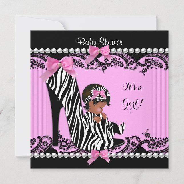 Invitación Chica afroamericano de Baby Shower de Cebra Rosa 3 (Anverso)