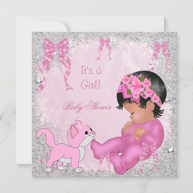 Invitación Chica afroamericano de Baby Shower Kitten Pink (Anverso)