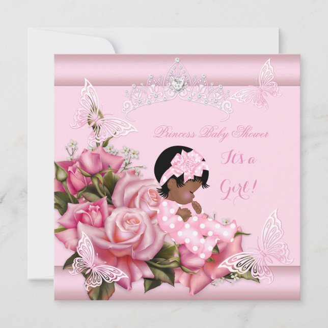 Invitación Chica afroamericano de Baby Shower mariposa rosa (Anverso)