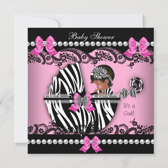 Invitación Chica afroamericano de Baby Shower, Pink Zebra (Anverso)