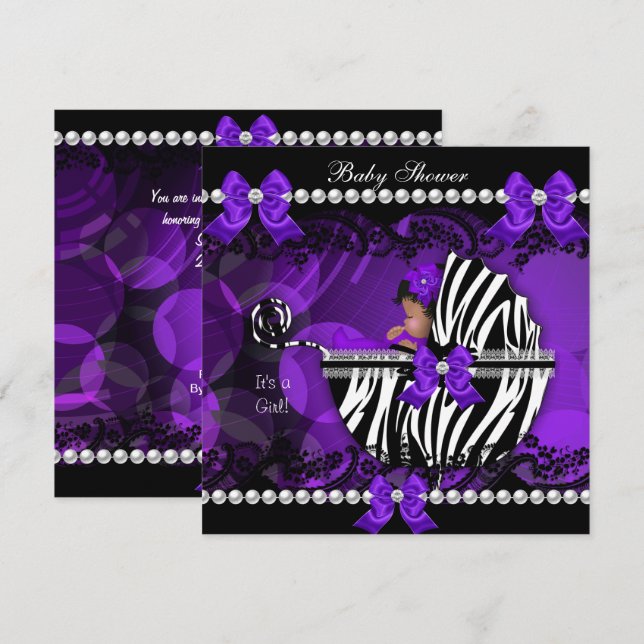 Invitación Chica afroamericano de Baby Shower Purple Zebra 2 (Anverso / Reverso)