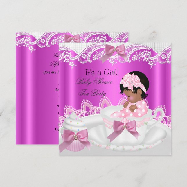Invitación Chica afroamericano de Baby Shower rosado en la ta (Anverso / Reverso)