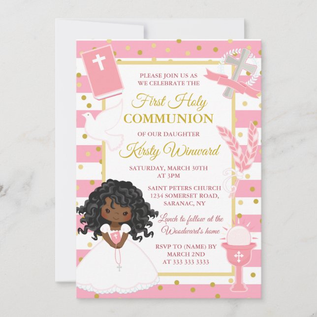 Invitación Chica afroamericano rosado, primera comunión sagra (Anverso)