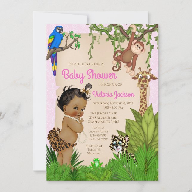 Invitación Chica afroamericano Safari Animal Baby Shower (Anverso)
