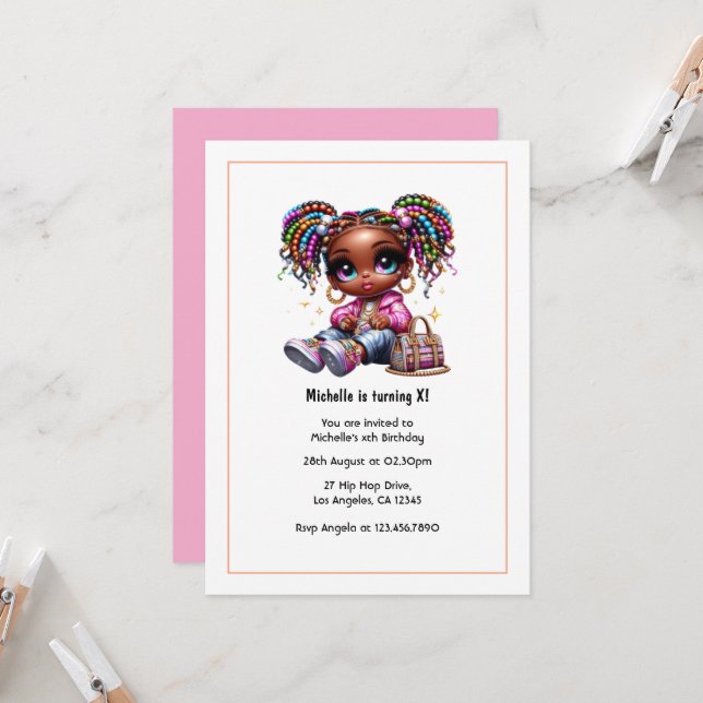 Invitación Chica Afrocéntrico Cute Fiesta de Cumpleaños (Anverso/Reverso In Situ)