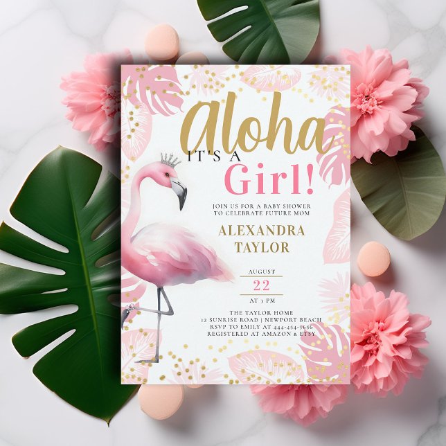 Invitación Chica Aloha Tropical Rosa Flamingo Baby Shower (pink flamingo baby girl shower invitation summer tropical foliage gold tiara aloha hawaii elegant)