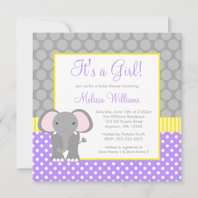 Invitación Chica amarillo gris púrpura Baby Shower del (Anverso)