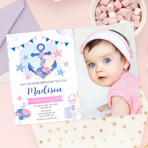 Invitación Chica Ancla Marina Rosa Náutico Cumpleaños 1 Foto