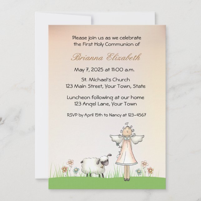 Invitación Chica Angel y Cordero Primera Comunión (Anverso)