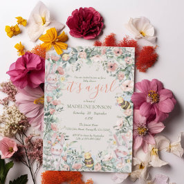 Invitación Chica Animales forestales Pink Floral QRcode Baby 