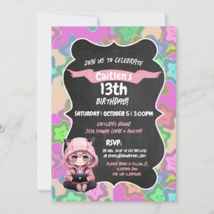 Invitación Chica animalista Cumpleaños Kawai Estrellas Manga 
