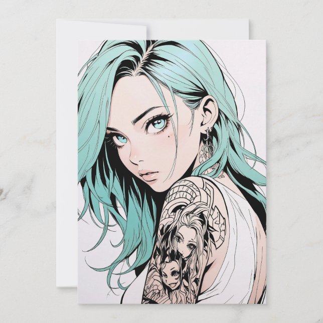 Invitación Chica Anime del tatuaje del pelo verde (Anverso)