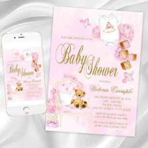 Invitación Chica Aquarela Rosa Oso de Peluche Baby Shower
