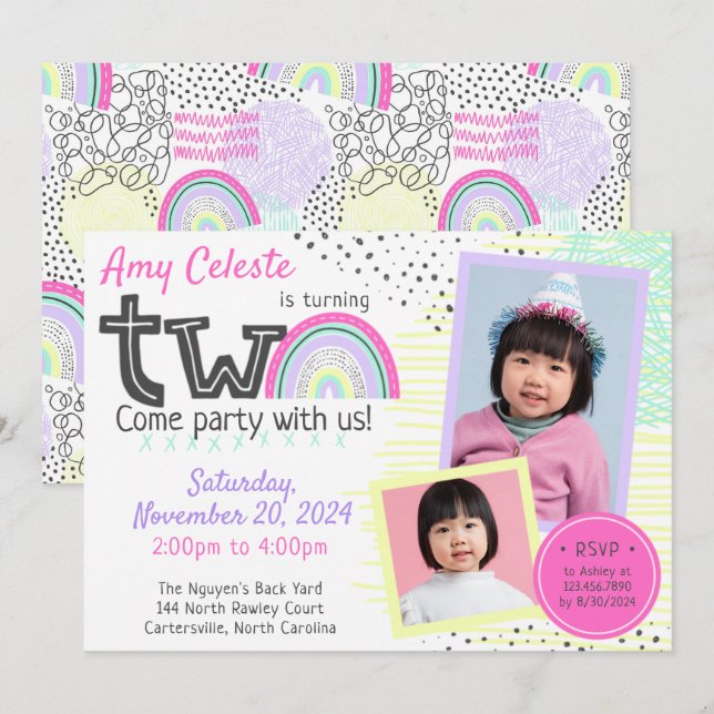 Invitación Chica arcoiris 2º cumpleaños Doodles Kawaii 2-Foto (Anverso / Reverso)