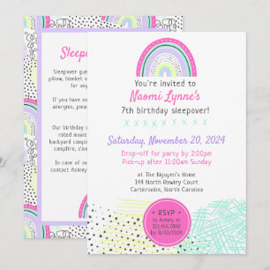 Invitación Chica arcoiris 90 Cumpleaños Sleepover Fiesta Kawa