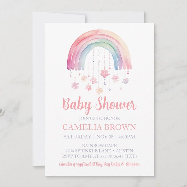 Invitación Chica arcoiris Baby Shower Pastel acuarela (Anverso)