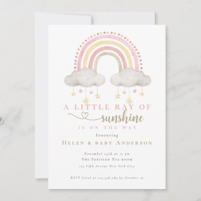 Invitación Chica Arcoíris Boho Rosa Sunshine Baby Shower (Anverso)