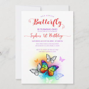 Invitación Chica arcoiris mariposa 1 cumpleaños