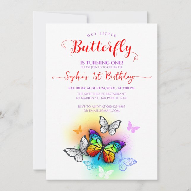 Invitación Chica arcoiris mariposa 1 cumpleaños (Anverso)