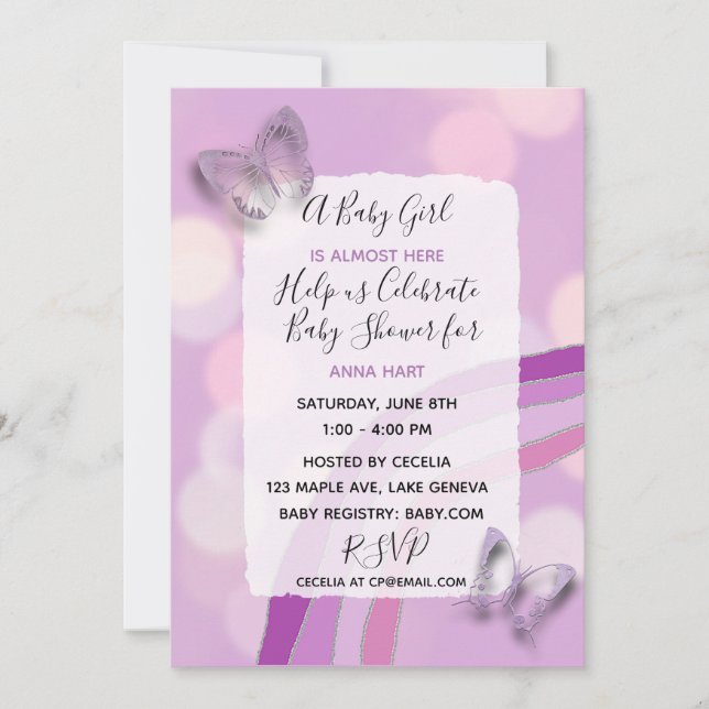 Invitación Chica Arcoiris Morado y Mariposas Baby Shower (Anverso)