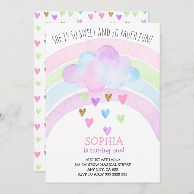 Invitación Chica arcoiris primer Purpurina de oro mágico de c (Anverso / Reverso)