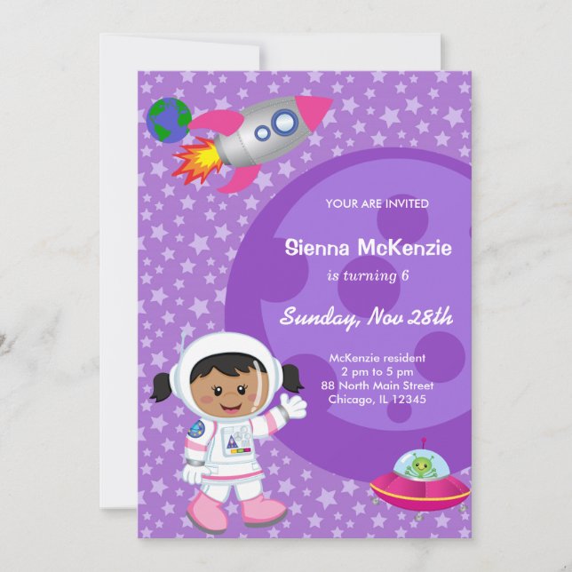 Invitación Chica astronauta Tema del cumpleaños (Anverso)