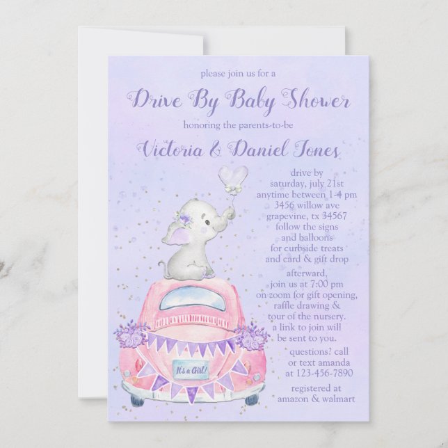 Invitación Chica Autopista De Elefantes Púrpura Por Baby Show (Anverso)