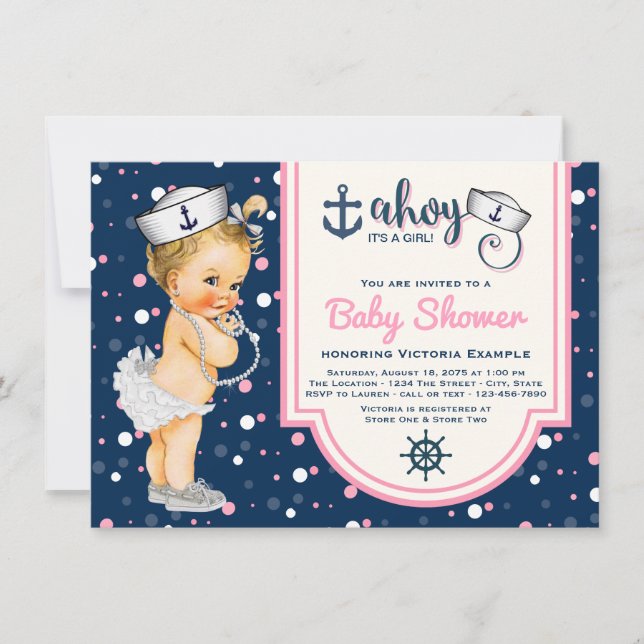 Invitación Chica azul de la marina rosa Baby Shower náutico (Anverso)