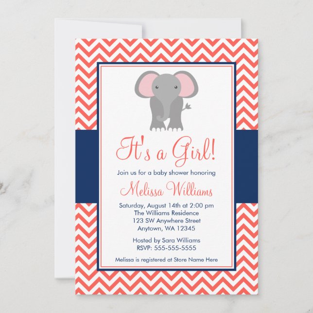Invitación Chica azul elefante Chevron Coral Baby Shower (Anverso)