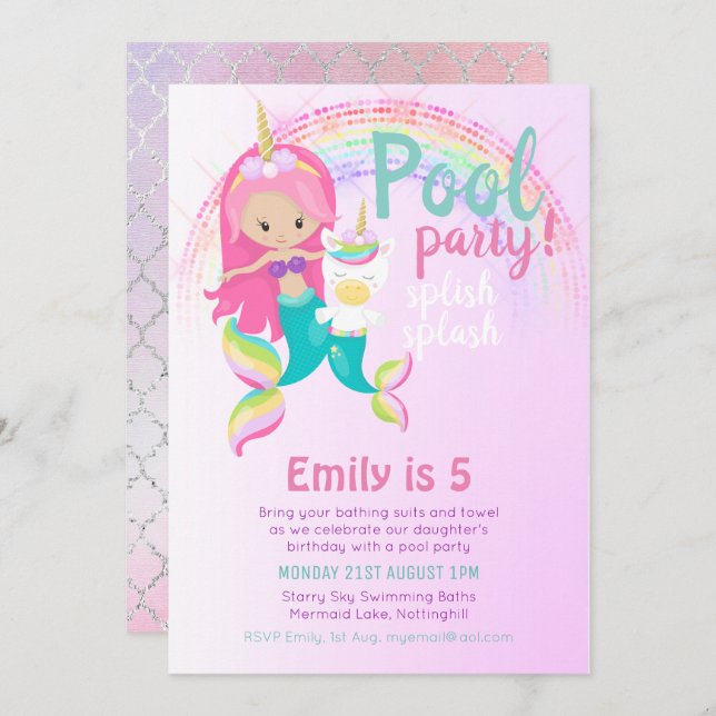 Invitación Chica azul rosa de Mermaid Unicorn Pool Fiesta (Anverso / Reverso)