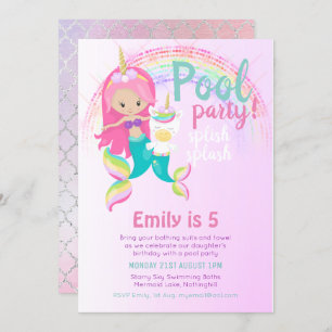 Invitación Chica azul rosa de Mermaid Unicorn Pool Fiesta