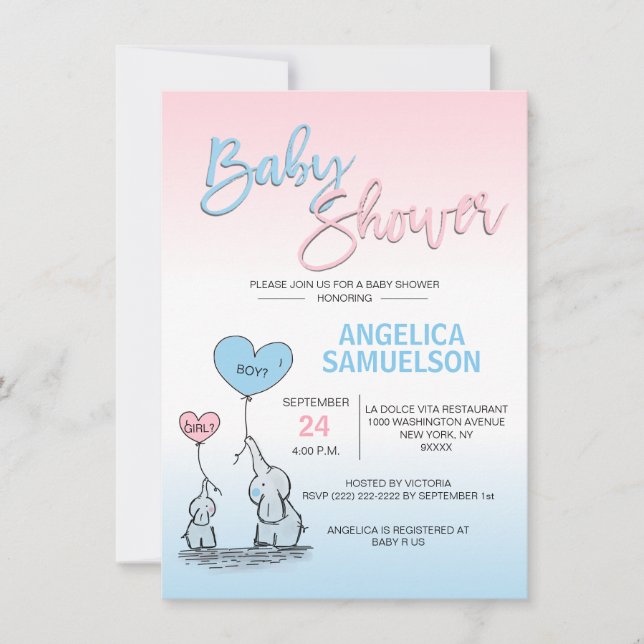 Invitación Chica azul rosado o Baby Shower de niño elefante n (Anverso)
