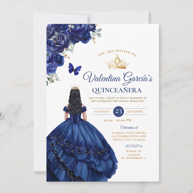 Invitación Chica Azul Vestido Quinceañera 15 Anos Flores Oro (Anverso)