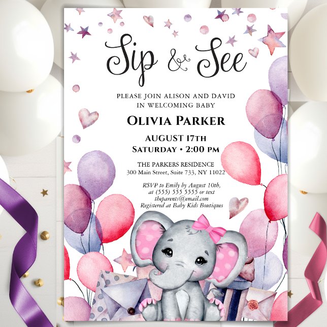 Invitación Chica Baby Elephant Globos Rosa SIP Y VER (Subido por el creador)