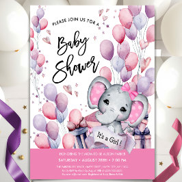 Invitación Chica Baby Elephant Globos rosados Baby Shower dul
