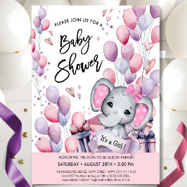 Invitación Chica Baby Elephant Globos rosas Estrellas Baby Sh