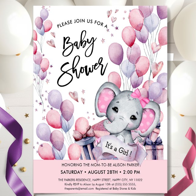 Invitación Chica Baby Elephant Globos rosas Estrellas Baby Sh (Subido por el creador)
