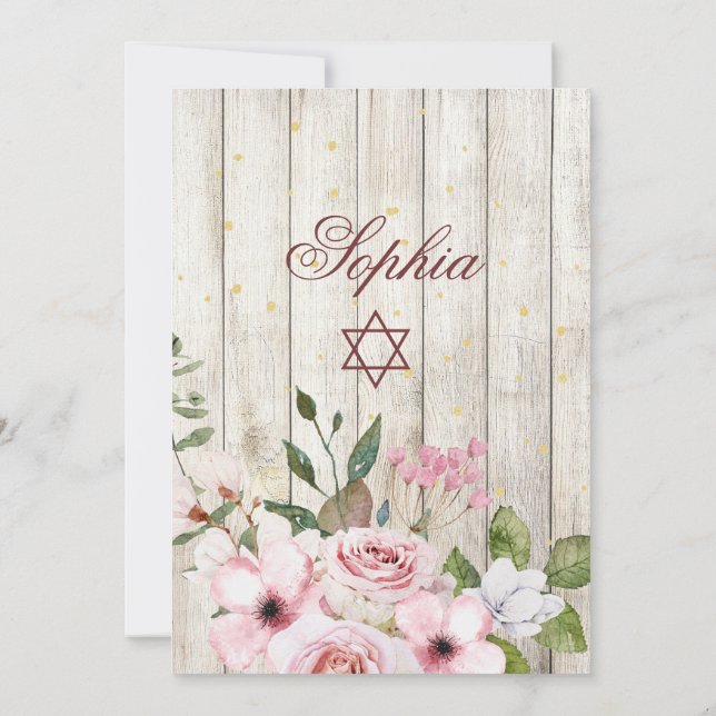 Invitación Chica Baby Hebreo Nombramiento Ceremonia Floral Rú (Reverso)