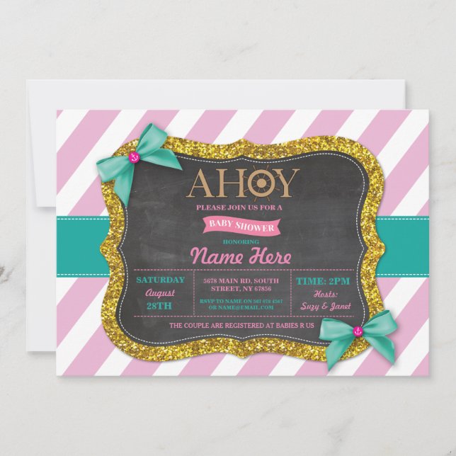 Invitación Chica Baby Shower Ahoy Bows Curte Stripe Pink Invi (Anverso)