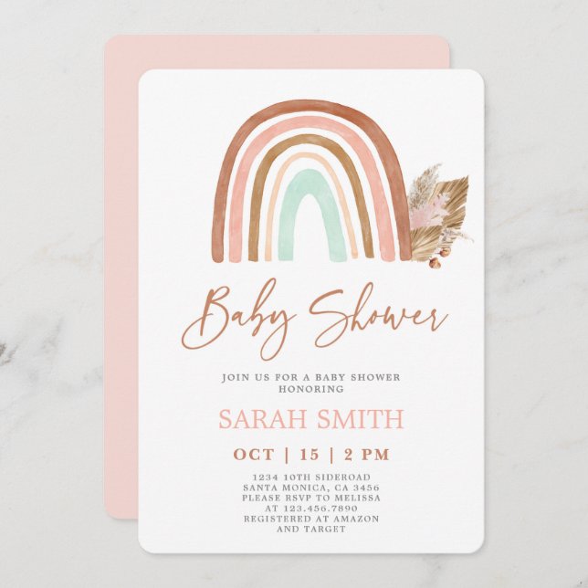 Invitación Chica Baby Shower arcoiris rosa (Anverso / Reverso)