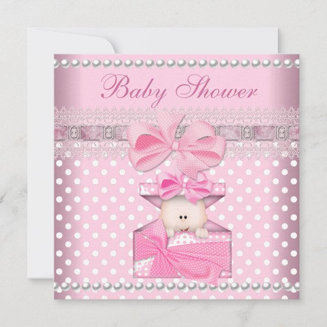 Invitación Chica Baby Shower Baby Gift Pink Spot Pearl Lace (Anverso)