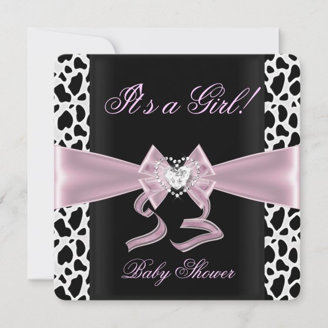 Invitación Chica Baby Shower Baby Pink Black White Cow Print  (Anverso)