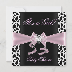 Invitación Chica Baby Shower Baby Pink Black White Cow Print 