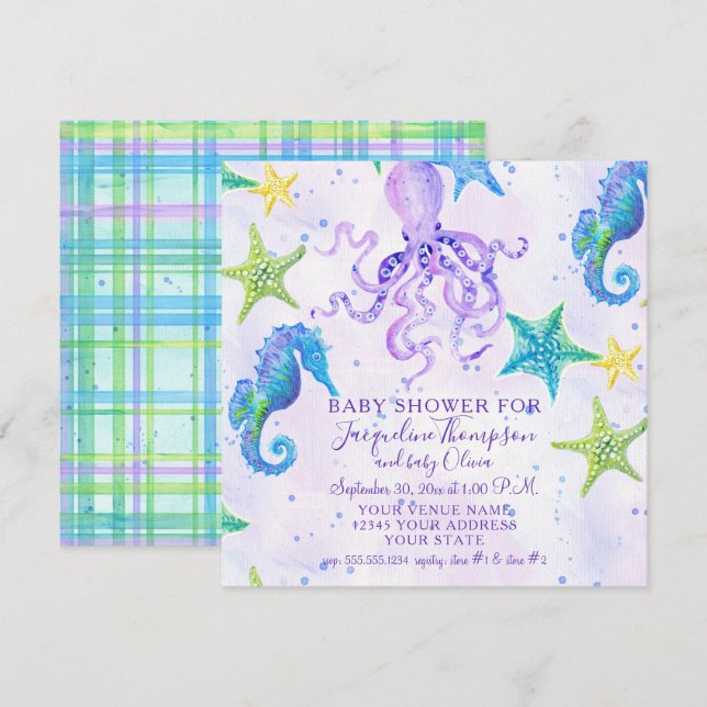 Invitación Chica Baby Shower Beach Starfish Octopus Seahorse (Anverso / Reverso)