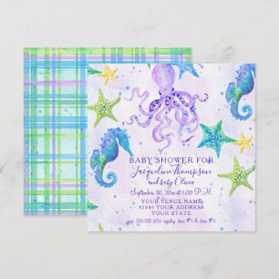 Invitación Chica Baby Shower Beach Starfish Octopus Seahorse